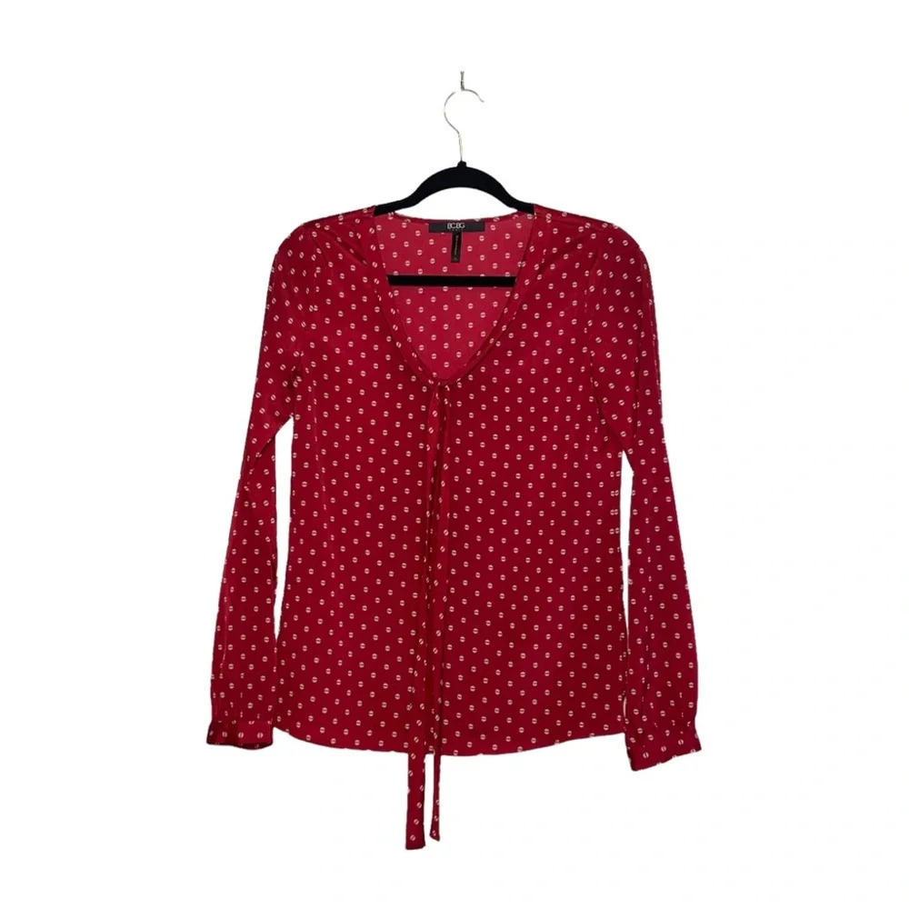 BCBG Paris Red & White Printed Tie Neck V-neck Long Sleeve Blouse Xsmall Women’s